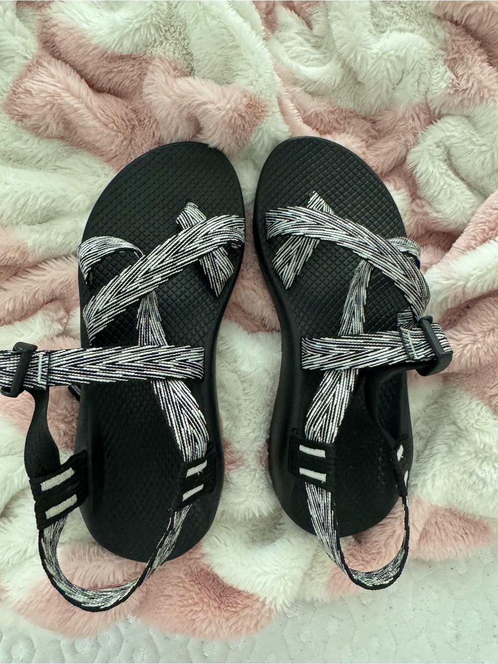 Chaco Women's Black Sandals with White-Striped Webbing